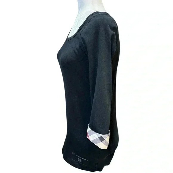 Burberry Brit Black Cotton Nova Check Trim Top size medium 3/4 Sleeve - Picture 7 of 10
